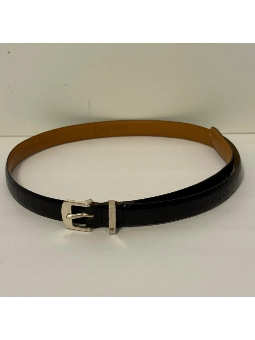 LAUREN RALPH LAUREN LRL BELT BLACK LEATHER CROC LOOK SILVER TONE BUCKLE SKINNY S